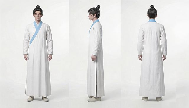 将图中角色的衣服调整为白色衣身搭配浅蓝色交领边缘的色彩搭配，参考第二张图的衣服配色