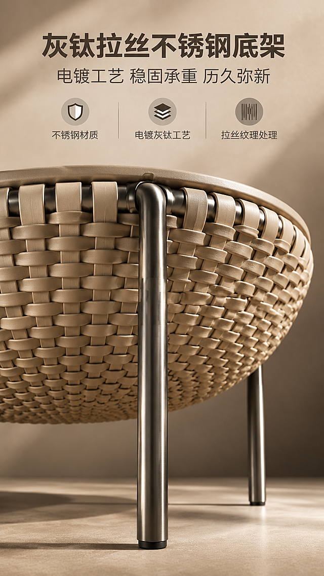 [商品] 使用【图1】DC-6602B大圆几；保留不锈钢电镀灰钛拉丝三足底架、金属支架结构、灰钛色拉丝质感；商品处理：增强底架金属拉丝纹理、电镀质感与光影反射，保持支架结构和角度不变。
[画面] 目标：底架结构工艺展示，深度说服，突出不锈钢电镀灰钛拉丝工艺的品质与稳固性。构图：下图上文，底部约2/3为底架特写场景，顶部约1/3为文案区。主体位置：底架金属支架占据画面下半部中心，占画面约50%。摆放角度：仰视角度，聚焦三足支架与台面连接处。景别：中特写。阅读动线：上→下。前中后景：前景金属支架底部（清晰）、中景支架结构与连接部位、后景虚化台面编织纹理。场景：影棚深色背景，突出金属质感与光影。
[视觉] 套系策略：风格=现代轻奢侘寂风商业家居摄影；标题字=现代无衬线粗体中文；正文字=简洁无衬线体；主色=浅卡其米棕；背景延展=基于浅卡其米棕做深浅层级、同色渐变和细腻织物/微水泥质感；强调色=灰钛金属色，仅用于小面积图标、引线和标签；标题色=深炭灰；正文色=中暖灰；组件=圆角浅底信息卡、细线引线、极简icon；光影=侧逆光勾勒金属轮廓，正面补光体现拉丝纹理。
[文字] 顶部文案区：主标题「灰钛拉丝不锈钢底架」（9字），副标题「电镀工艺 稳固承重 历久弥新」（12字），下方3个工艺卖点横向排列：「不锈钢材质」「电镀灰钛工艺」「拉丝纹理处理」，每个配小图标。文字不遮挡底架核心结构。
[规格] 图片比例9:16竖版，4K分辨率，淘宝/天猫适配，中文文案，避免变形、错字、文字过小、冷蓝背景、金属颜色改变、支架结构失真、极限词。