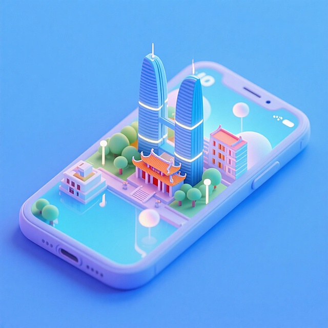 软3D风微缩城市，未来感与梦幻感交织，手机屏幕内呈现科技感建筑与传统元素融合的清新场景，玻璃质感与柔和光影营造舒适视觉体验。