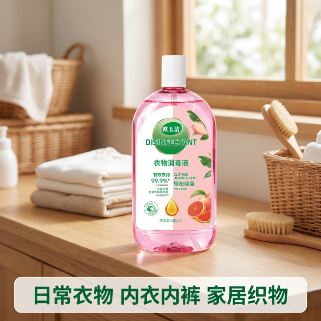 [主图 4] 衣物消毒液多场景适用展示
[氛围风格] 温馨自然家庭生活风
[画质] 商业摄影质感、光线柔和通透、产品清晰真实、画面干净高级
[元素] 欧玉洁衣物消毒液放置在干净整洁的洗手台台面上，保持预览效果