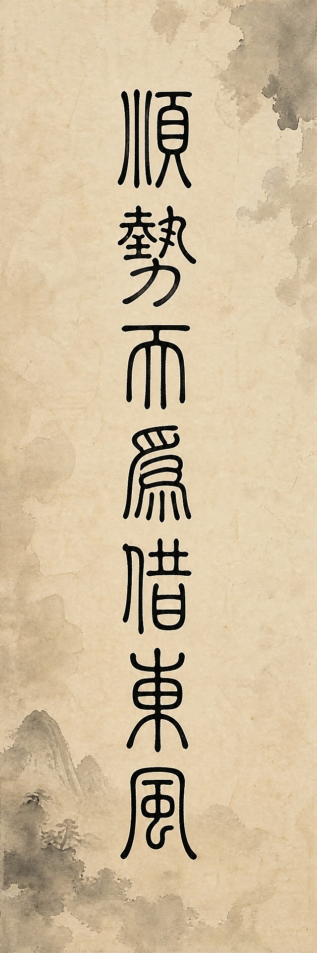 一副竖版书法对联的上联，宣纸水墨风格，仿古米黄色宣纸纹理，带有淡淡的水墨晕染效果。文字内容为"顺势而为借东风"，采用篆书字体，典雅圆润，小篆风格，黑色墨字，笔画粗细均匀，线条圆转流畅，结构对称优美，古意盎然。竖排从上到下书写，字间距均匀，整体居中布局。画面简洁典雅，传统中国书法艺术感，高清细节，墨色浓淡变化自然