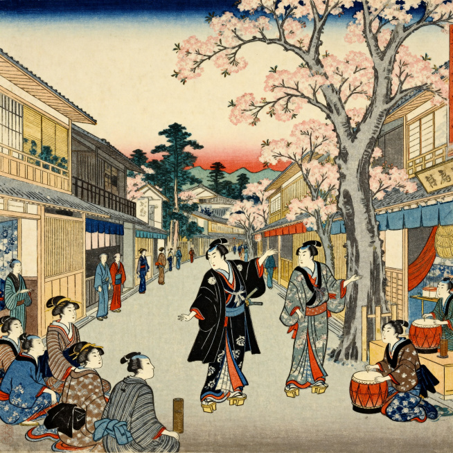 浮世绘风格插画，江户时代街景，歌舞伎演员在樱花树下表演，线条流畅明快，平涂色彩，典型日式构图，具有故事性和丰富细节预览效果