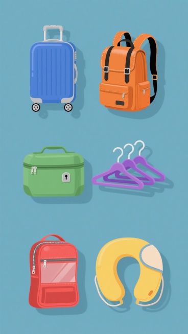 插画风格的系列旅行装备集合，六个不同元素规整排布于纯色背景上。第一个是蓝色系圆角矩形登机箱，带银色拉杆和万向轮；第二个是橙色系皮质双肩背包，有黑色织带和金属搭扣；第三个是绿色系硬质旅行洗漱包，带提手和密码锁；第四个是紫色系折叠衣架套装，五个一组整齐排列；第五个是红色系防水旅行收纳袋，带透明窗口和压缩拉链；第六个是黄色系便携旅行枕，U型设计带可拆卸眼罩。所有元素保持统一的简约插画风格，平滑线条，……预览效果