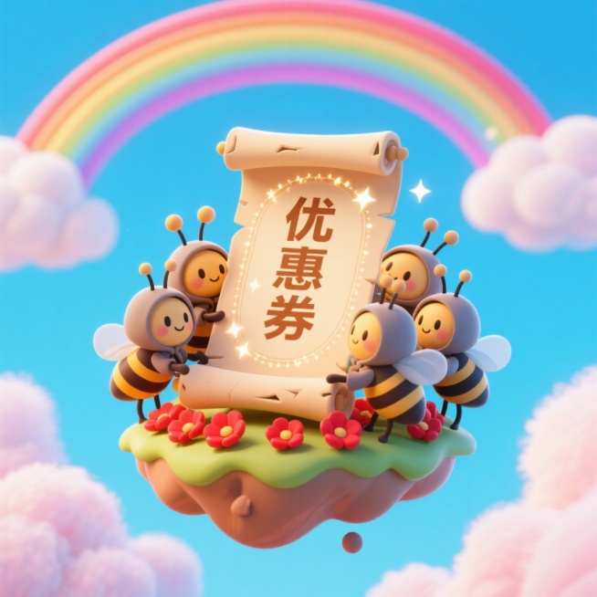 一群穿着精致小斗篷的蜜蜂们簇拥着一张像古老魔法卷轴的优惠券（边缘有星光纹路，上面写“优惠券”），底部是漂浮着的红色花朵组成的岛屿，背景是有彩虹和棉花糖云的梦幻天空。预览效果