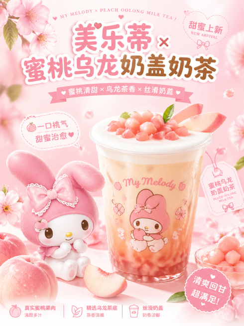 美乐蒂和蜜桃乌龙奶盖奶茶联名宣传海报，粉白桃色调，可爱美乐蒂形象搭配装在透明杯里的蜜桃乌龙奶盖奶茶，奶茶上面有蜜桃果肉和白色奶盖，点缀新鲜桃子片，整体风格粉嫩甜美，清新少女，适合商业宣传预览效果