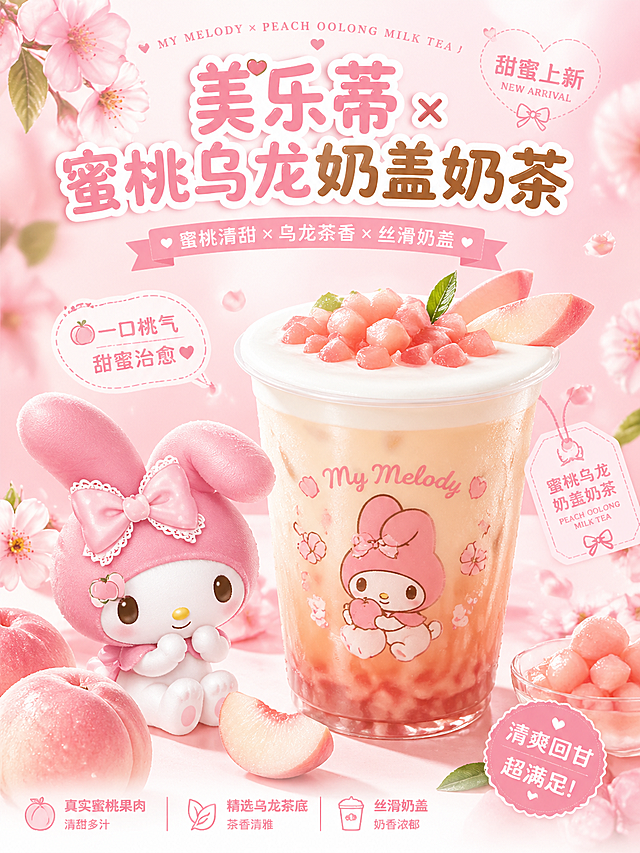 美乐蒂和蜜桃乌龙奶盖奶茶联名宣传海报，粉白桃色调，可爱美乐蒂形象搭配装在透明杯里的蜜桃乌龙奶盖奶茶，奶茶上面有蜜桃果肉和白色奶盖，点缀新鲜桃子片，整体风格粉嫩甜美，清新少女，适合商业宣传