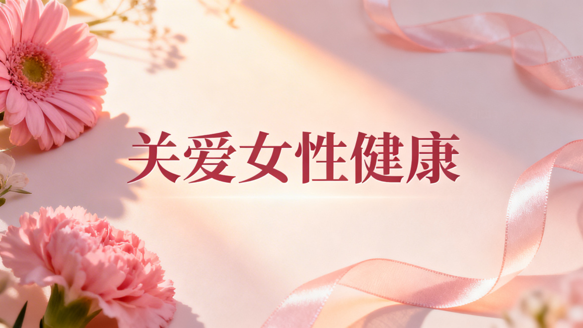 女性健康主题LED背景，风格温馨治愈，画面包含柔和的暖色调元素，如粉色花朵、轻盈的丝带，搭配“关爱女性健康”的温馨文案，适合PPT使用预览效果