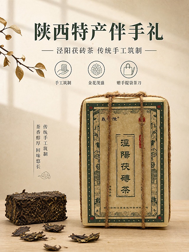 [商品] 使用【图1】泾阳茯砖茶，牛皮纸麻绳捆绑包装；保留包装结构、墨绿边框、泾阳茯砖茶竖排字样、義兴隆Logo、传统手筑小字、陕西泾阳泾昌盛茯砖茶有限公司字样，颜色材质与原图完全一致。
[画面] 页面目标：头图海报，建立陕西特产伴手礼整体印象。构图为上文下图海报型，顶部30%留白放主标题，中部产品主体占画面55%，底部浅木色台面承托。产品正面朝向观众，略偏右摆放，左侧留白放标题。前景散落3-5片干茶叶和一小块茯茶切面，背景为浅米白渐变+轻微窗格投影，左上角有一枝干茶叶枝桠装饰，增加国风氛围。整体3层视觉层次：背景窗影+中景产品+前景茶叶切面。
[视觉] 套系策略：风格=国风简洁暖调商业摄影；标题字=原创国风宋体粗体；正文字=原创细宋体；主色=浅米白+牛皮纸黄棕；背景延展=基于浅米白做渐变、窗格投影和宣纸质感；强调色=深墨绿（取自包装边框），仅用于标题、图标和引线；标题色=深墨绿；正文色=深棕灰；组件=细线图标、圆角浅米卡片、细引线；光影=左前侧暖柔光，自然窗光质感。
[文字] 顶部居中主标题「陕西特产伴手礼」，副标题「泾阳茯砖茶 传统手工筑制」，主标题下方3个细线图标横向排列：手工筑制、金花茂盛、赠手提袋茶刀。文字全部横排，字号层级分明，不遮挡产品主体。
[规格] 图片比例3:4竖版，1440×1920，2K，负向：变形、错字、糊字、水印、平台Logo、二维码、极限词、医疗功效、侵权字体、产品颜色改变、悬浮感。