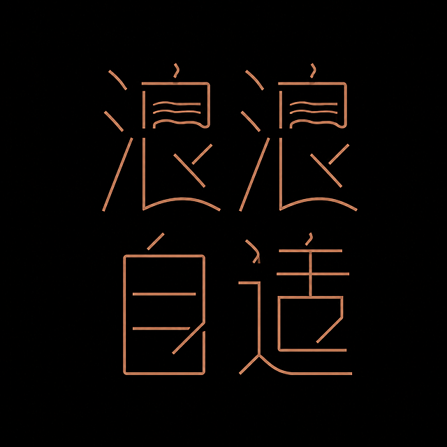 棕褐色线条字体，纯黑色背景，干净的背景，创意细线字体设计四个字"浪浪自适"，所有文字分上下两行排列（上行"浪浪"，下行"自适"），将字体进行极细线条化抽象变形。笔画全部为等粗细的纤细线条构成，笔画末端做斜切或圆角处理，字形结构被高度简化为几何线条组合，部分笔画做断开和错位处理形成独特设计感，笔画大小变化通过线条的长短和疏密来体现，整体风格极简现代充满线条构成的设计感，字与字之间结构呼应整体协调。画面中只能出现这四个字："浪"、"浪"、"自"、"适"，不得出现参考图中的原文字，不得增加、遗漏或替换任何一个字。文字整体必须完整呈现在画面内不可被裁切，四周留有安全边距。比例1:1