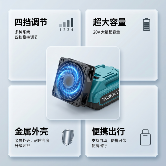 [主图 2] 20V半导体制冷风扇产品亮点展示。[氛围风格] 科技冷感 清晰通透 质感高级。[画质] 商业摄影质感、光线柔和通透、产品清晰真实、画面干净高级。[元素] 采用Bento栅格风格，将产品核预览效果