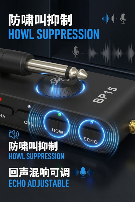 基于原图制作无线麦克风电商详情图，特写接收器功能按键，展示防啸叫和混响调节功能，添加文字卖点"防啸叫抑制 回声混响可调"，专业设计，突出功能优势，尺寸700*1000预览效果