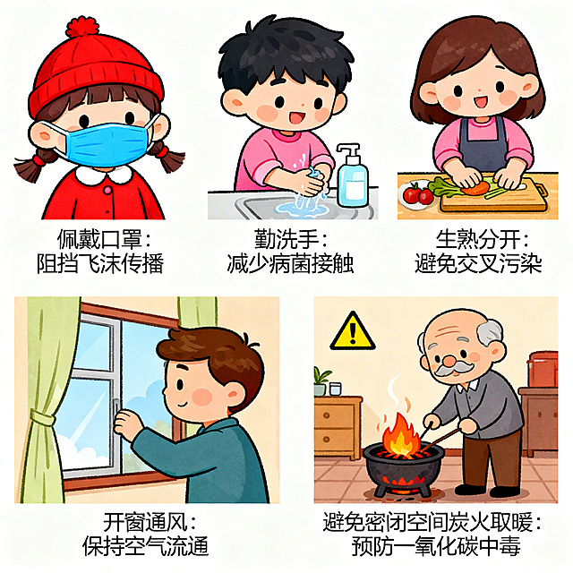 春节假期卫生防病科普漫画，包含佩戴口罩、勤洗手、生熟分开、开窗通风、避免密闭空间炭火取暖这些元素，画风可爱易懂，适合大众阅读