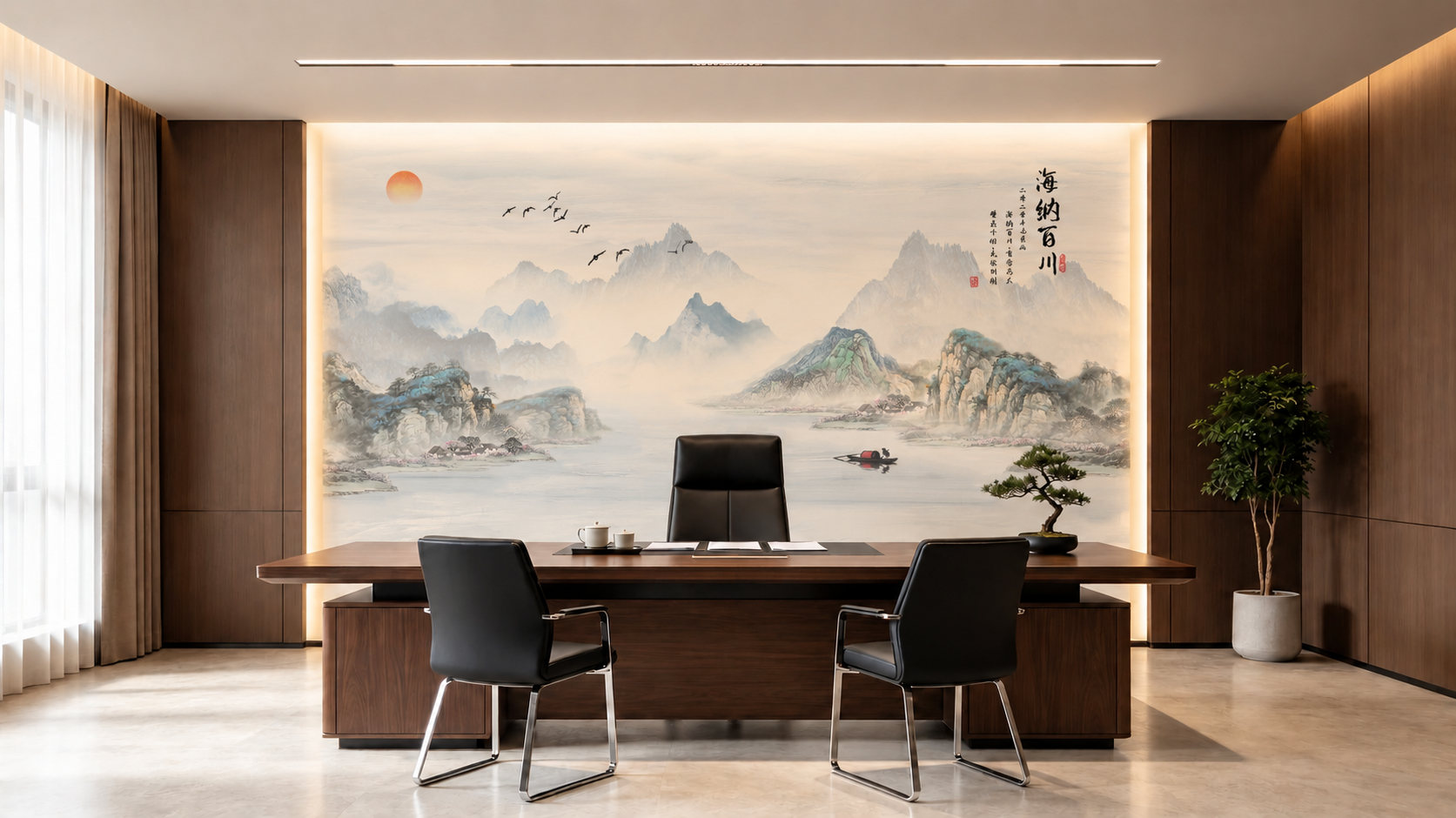 将办公室正后方主墙面替换为图2的刺绣硬包背景墙图案，背景墙图案… - 图片创意预览