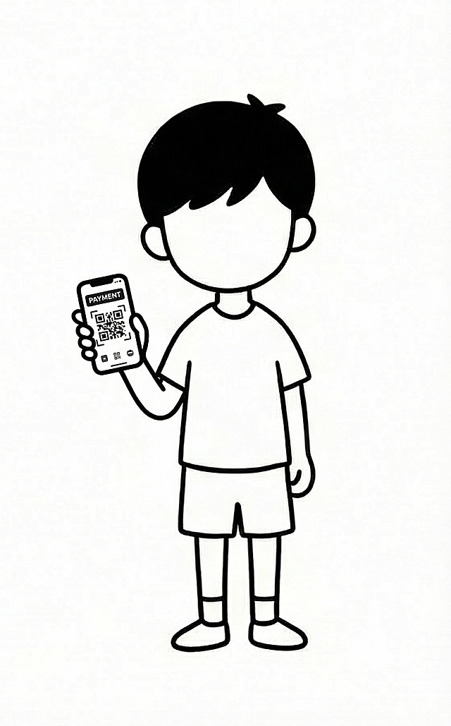 图中男孩拿手机支付的画面，要白底，高清晰