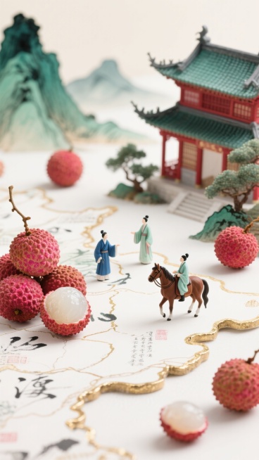 一幅创意微缩景观作品，以米白为底、烫金勾勒纹路、青绿渲染山水的古典地图为基底。鲜红带粉斑的荔枝错落摆放，完整果实与剖开后莹白果肉形成鲜明色彩对比；身着靛蓝、浅绿等清雅汉服的微缩人物，或骑马（棕褐马匹）预览效果
