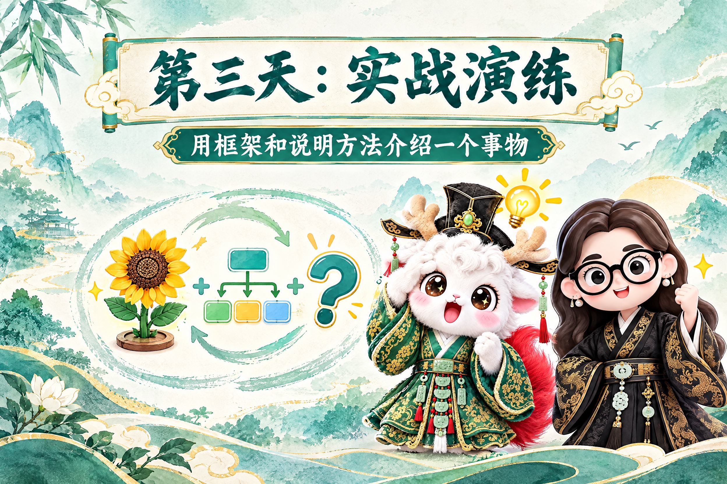 横版6寸比例的课程标题页设计，大标题为"第三天：实战演练"，副… - 图片创意预览
