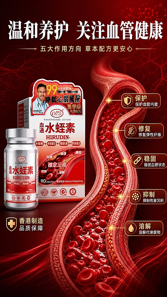 [商品] 使用【图1】奥斯佳血通水蛭素胶囊瓶+外盒；保留全部结构、颜色、Logo、文字、认证标识；商品处理：产品放置于左侧，占画面约35%，正面展示，增强质感。
[画面] 目标：血管养护作用机理示意，直观展示产品对血管的五大作用方向。构图：左产品右机理示意，左右分栏（左4右6）；右侧为大型血管横截面3D示意图，血液中红细胞清晰流动，血管壁标注五大作用点：保护、修复、稳固、抑制、溶解；血管图占右侧主画面，用箭头和标签指向各作用区域；背景为深红渐变+医学科技感光效，营造专业可信氛围。
[视觉] 套系策略：风格=高端医学滋补商业摄影风；标题字=粗黑体+衬线体结合，稳重有力；正文字=简洁无衬线黑体；主色=正红+深红渐变；背景延展=基于正红做深浅层级、同色渐变和细腻血管纹理/纸张质感；强调色=金色，仅用于小面积图标、引线、标签和局部光效；标题色=白色；正文色=白色/浅米白；组件=半透明红底信息卡、金色引线箭头、圆形作用点标识；光影=右侧血管图内部发光效果，产品左前侧柔光。
[文字] 顶部通栏主标题：温和养护 关注血管健康（8字，白色大字）；副标题：五大作用方向 草本配方更安心（10字，浅金色小字）；血管图上五个作用标签：保护血管内壁、修复弹性纤维、稳固血管状态、抑制有害沉积、溶解代谢废物；左下角产品旁小字：香港制造 品质保障；所有文字横向排版，作用标签字号适中不遮挡血管主体。
[规格] 图片比例9:16竖版，4K分辨率，负向提示：避免变形、错字、文字过小、血管示意图过于夸张、医疗化承诺、治愈类表述、极限词。