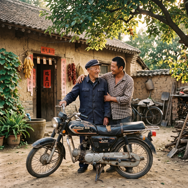 Warm nostalgic rural scene, an old man and his grown-up son standing beside a faded black Jialing ol预览效果
