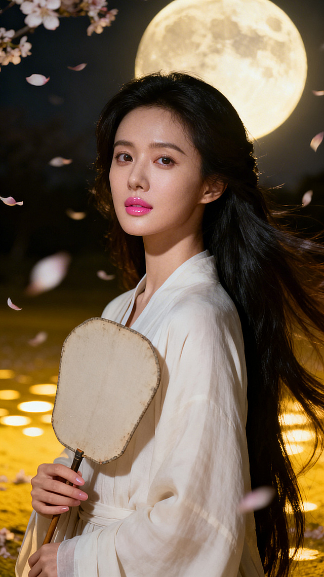 8K超高画质，电影唯美真人写真风格，大师史詩級作品，无文字，东亚女主，封面级大美女，脸部比例完美自然，眼睛清澈深邃带温柔克制情绪，肌肤白皙通透细腻如瓷带柔和光感，唇色粉嫩水润轮廓柔美有吸引力，长发浓密顺滑随风飘动有层次，身形修長婀娜線條優雅自信，气质高级干净耐看，身着素色罗衣，手持旧扇，扇面空白（无文字），指尖轻拂扇面，背景是月下的落花，画面温柔，眼神藏着怀念。