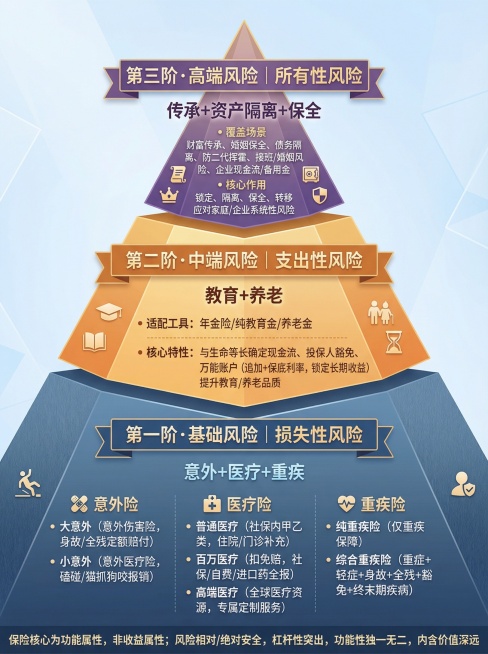 标题：保险选择金字塔图
构图要求：竖版金字塔构图，底层为第一阶（基础风险），中层第二阶（中端风险），顶层第三阶（高端风险），每层子项用项目符号纵向罗列，字体适配竖版阅读，信息层级分明
金字塔层级内容（预览效果