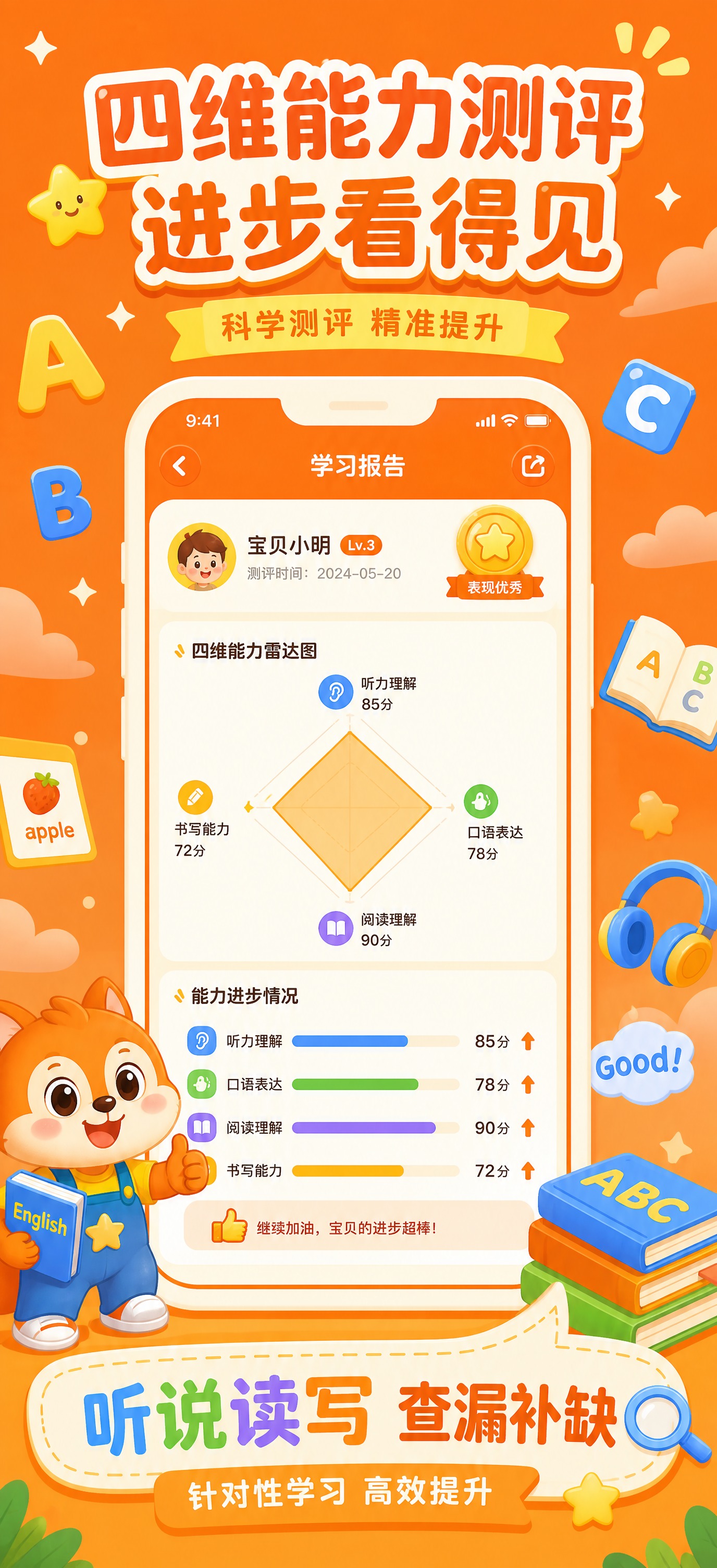 橙色插画风格儿童英语学习APP宣传图，竖版构图，尺寸1290×… - 图片创意预览