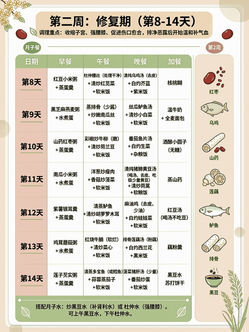 按照上一张月子餐安排表的风格，制作一张3:4比例的第二周月子餐安排表图片，使用表格形式规整排列所有文字，不更改原文字和标点，每个文字都清晰可见，保留所有原内容：第二周：修复期（第8-14天）
调理重点预览效果