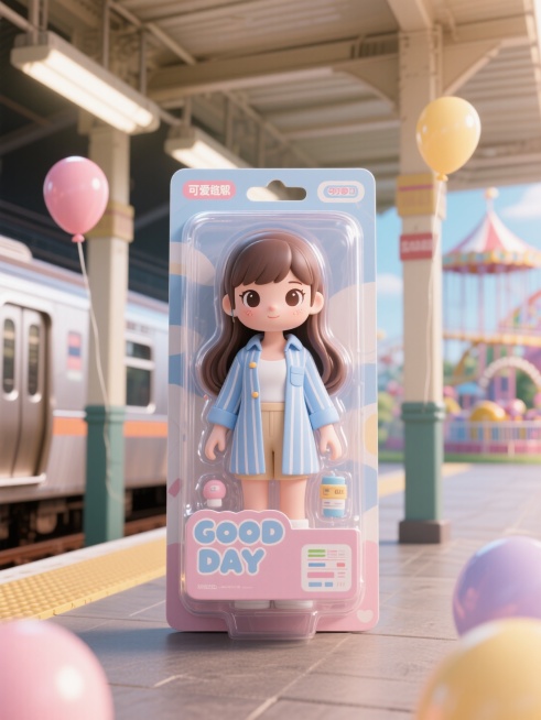 盒子上面写着“GOOD DAY“，游乐园场景，气球装饰，正面视角预览效果