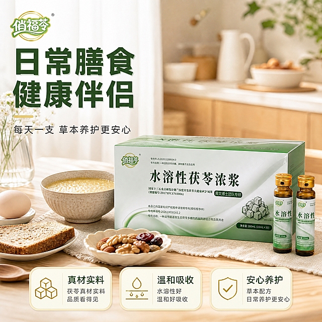 [主图-5] 居家养生场景 早餐/下午茶日常膳食搭配
[统一基调] 抖音平台1:1主图，自然清新草本膳食饮品风格，浅木色桌面+柔和自然光，主色调浅绿+米白+原木色，标题字深绿色粗黑体，辅助文案深灰色细黑体，强调色浅金色，整体干净通透有食欲感，文字占比约25%，左上角放俏福苓圆形Logo
[画面] 温馨居家餐桌场景，浅木色餐桌上摆放早餐/下午茶组合：中间偏右是俏福苓水溶性茯苓浓浆产品（1盒外包装+2支小瓶），左侧有一碗小米粥、一个水煮蛋、一小碟坚果、一片全麦面包，形成健康早餐搭配。桌面有亚麻餐布点缀，背景虚化可见厨房一角和晨光透过窗帘的光影。整体营造日常膳食、健康养生的温馨家庭氛围，产品占画面约45%。
[光影质感] 清晨自然暖光，柔和温暖，食物有食欲感，产品融入餐桌场景自然，高清生活摄影质感
[配色] 主色浅绿+米白+原木色+食物暖色调，标题深绿色，整体温暖治愈
[文字版式] 左上角俏福苓圆形Logo；左上方主标题大字「日常膳食 健康伴侣」深绿色粗黑体；主标题下方副标题「每天一支 草本养护更安心」深灰色细黑体；图片底部三个卖点卡片与首图保持一致
[输出要求] 1:1正方形，食物有食欲感，产品融入自然，文字清晰无错字，画面温馨有生活气息，无水印无平台Logo，禁止产品变形、食物失真、场景杂乱