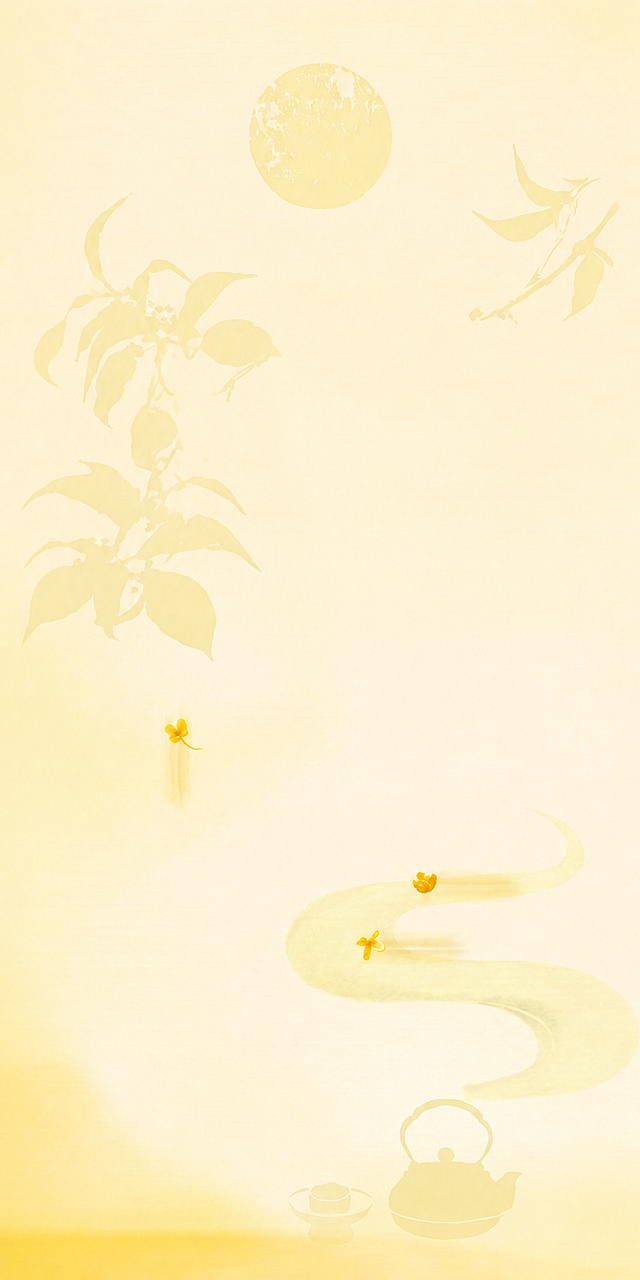 参考原图的浅暖黄桂花茶文化风格，去除中间的矩形黄色桂花区域，保留原图的其他装饰元素、色调和留白，将去除区域和整体背景自然融合