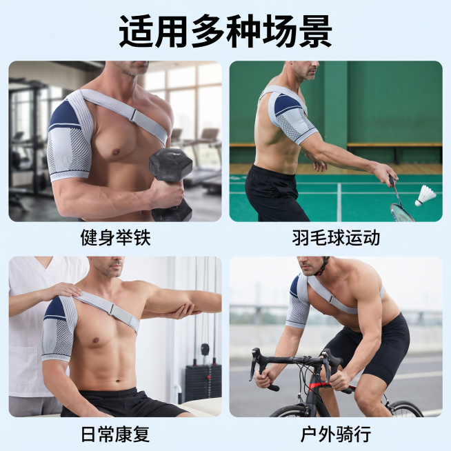 [主图 4] 运动护肩多场景适用展示。
[氛围风格] 场景化展示，清晰展示适用范围
[画质] 商业摄影质感、光线柔和通透、产品清晰真实、画面干净高级
[元素] 四宫格排列，分别展示健身举铁、羽毛球运动预览效果