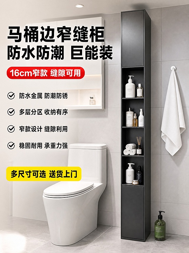 [单张主图] 黑色窄高立式金属收纳柜 卫生间马桶边夹缝收纳柜 淘宝3:4高点击率主图 爆款促销感路线 主图目标：一眼看懂是卫生间马桶旁的窄缝收纳柜，突出防水防潮、窄款省空间、多层大容量，吸引点击。

[画面主体] 画面中央偏右位置放置一件黑色窄高立式金属收纳柜，柜体为细长竖高造型，哑光黑色金属材质，表面细腻磨砂质感，柜体上方为封闭柜门，中间为多层开放式置物格，底部为封闭抽屉/柜门，整体结构、比例、颜色、材质与输入产品图完全一致，产品完整不裁切，主体占画面约50%。

[构图版式] 采用「左文右品标签参数型」爆款主图版式。左侧约40%区域承载大标题和卖点标签，右侧约60%为产品主体置于卫生间真实场景中，产品落地放置，底部有真实接触阴影，不悬浮。

[场景元素] 背景为现代简约卫生间场景，浅灰色大尺寸瓷砖墙面，地面是浅灰色防滑瓷砖，柜体左侧紧邻一个白色陶瓷马桶（马桶盖闭合，干净整洁），展示夹缝收纳的使用场景。柜体上方墙面有一个白色浴室柜镜柜的局部，右侧墙面挂着一条白色毛巾，地面角落放一小瓶绿色沐浴露作为点缀。顶部有嵌入式筒灯提供柔和照明，整体光线明亮干净，体现卫生间防水收纳的实用性。

[文案版式] 文字全部放在左侧区域，不遮挡产品。顶部大标题分两行，粗黑大字：第一行「马桶边窄缝柜」，第二行「防水防潮 巨能装」，深黑色字体，字号最大。标题下方是一个红色胶囊形标签「16cm窄款 缝隙可用」，白色文字。再往下排列4组卖点，每组用勾选图标+短句，竖向左对齐：
① ✓ 防水金属 防潮防锈
② ✓ 多层分区 收纳有序
③ ✓ 窄款设计 缝隙利用
④ ✓ 稳固耐用 承重力强
底部放置一个黄色促销条「多尺寸可选 送货上门」，黑色文字。所有文字清晰可读，无错字。

[光影质感] 商业家居摄影质感，主光从顶部和前方均匀照射，明亮干净的卫生间光线，产品表面有细腻哑光金属反光，不镜面反射。地面有产品真实接触阴影，边缘柔和。背景有轻微景深虚化，突出产品主体和马桶边夹缝的场景关系。

[配色字体] 整体主色调：哑光黑 + 白色 + 浅灰 + 红色强调；字体统一为现代无衬线粗黑体，主标题最大最粗，辅助文案字号缩小，信息层级分明。

[输出要求] 比例3:4竖版，2K高清，文字清晰锐利，产品结构完整不变形，材质真实，光影自然，场景真实可信。禁止出现：水印、平台Logo、二维码、错字、糊字、产品变形、悬浮、穿模、边缘硬切、背景杂乱。