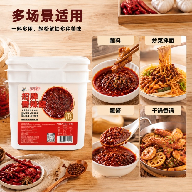 [主图-2] 核心卖点展示，呈现一料多用的多种使用场景
[氛围风格] 真实厨房烹饪场景，自然生活氛围感
[画质] 商业摄影质感、光线柔和通透、产品清晰真实、画面干净高级
[元素] 主图展示桶装香辣酱，预览效果