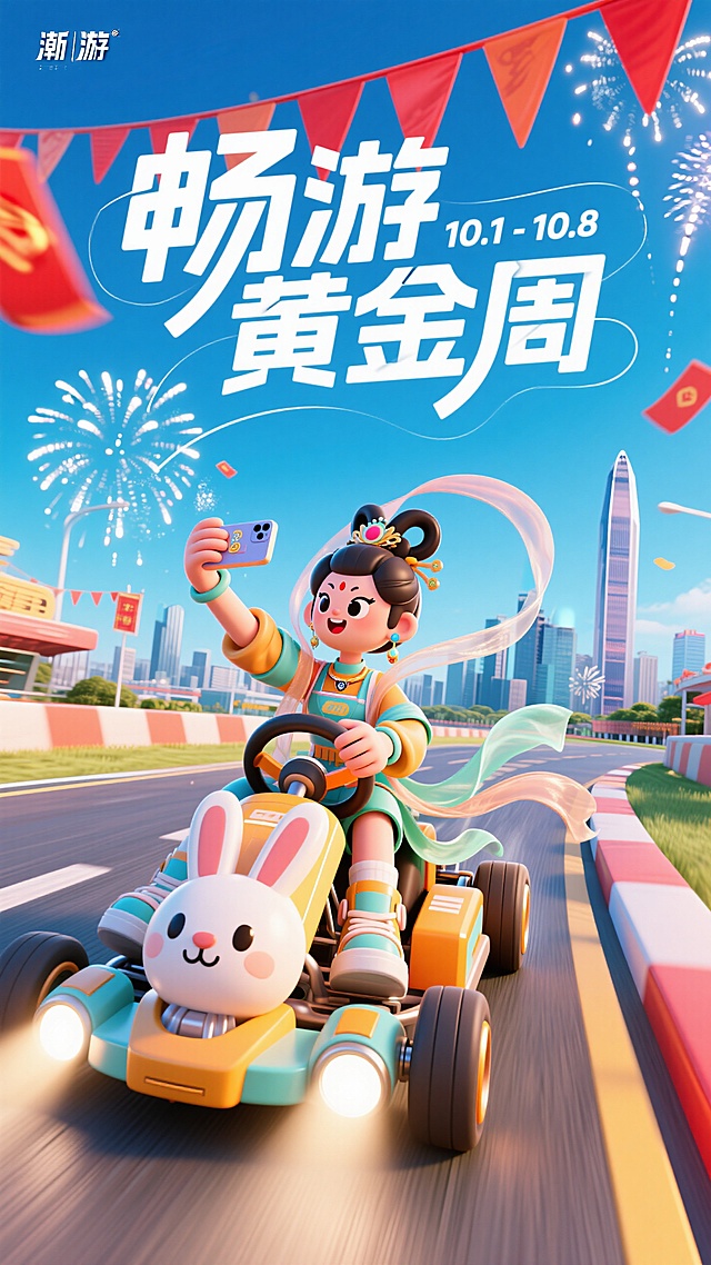 3D卡通风格，拟人角色驾驶兔形赛车，波普艺术色彩，国庆黄金周喜庆氛围。