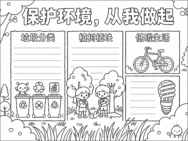 将这张爱护环境手抄报转换成纯线稿图，去掉所有填充色彩，只保留清晰干净的黑色轮廓线，保留原有的所有排版、文字轮廓和图案造型不变，适合打印后填色