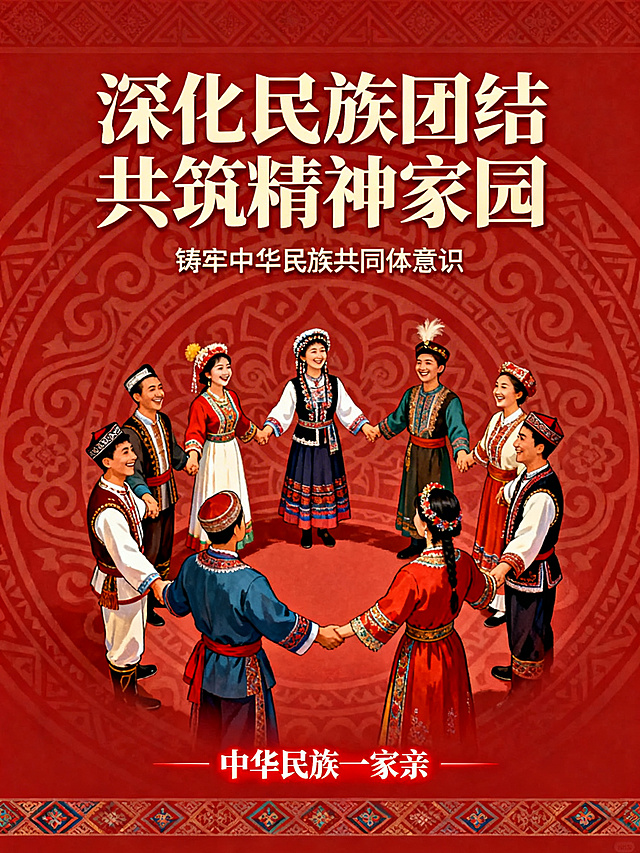 民族团结宣传海报，主题为深化民族团结共筑精神家园，铸牢中华民族共同体意识，画面展现不同民族群众微笑互动，和谐共融的场景，整体庄重大气，红色主色调，构图精美，寓意深远，主题文字"深化民族团结 共筑精神家园"，展现中华民族一家亲