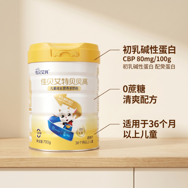 [主图 2] 儿童成长羊奶粉核心亮点展示。
[氛围风格] 温暖柔和舒适，原木奶油风母婴场景；整体风格与第一张主图保持一致；
[画质] 商业摄影质感、光线柔和通透、产品清晰真实、画面干净高级。
[元素]预览效果