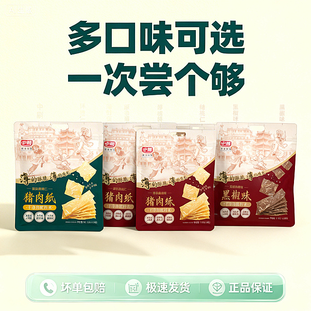 [垫图]https://gdesign-dam-hz.dancf.com/35942229485668467/2cb8af663e1f4f72bbf05fbe67884e78.png
[主图主题] 猪肉纸多口味SKU服务图
[氛围/风格] 整洁明快电商风格，柔和柔光，清晰明了
[画面元素] 原味、黑胡椒味等多口味猪肉纸包装整齐排列在画面中部，每种口味旁标注对应口味名称，背景为浅米色干净背景，底部有半透明悬浮服务条，背景铺满全屏无边框
[配色色系] 主色调：各款产品包装本身的色彩；辅助色：浅米白背景，服务条浅绿底色
[视角构图] 平视角度，主体占比60%，排列整齐清晰
[文字版式] 上方主标题“多口味可选 一次尝个够”，无衬线粗体深绿色；底部半透明悬浮条内横向排列三个服务图标+文字“坏单包赔”“极速发货”“正品保证”，白色无衬线字体；文字均不遮挡产品包装主体
[比例分辨率] 1:1 比例，2k 分辨率