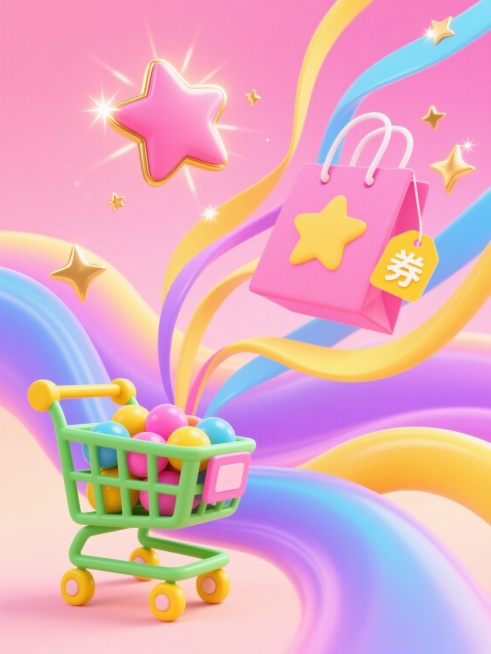 色彩鲜艳的渐变流体背景，粉色、黄色、蓝色和紫色的柔和曲线交织流动，充满动感和活力。画面左下角有一个绿色的购物车，车轮为黄色，车内装满彩色球体，购物车把手处挂着一个粉色的标签。购物车上方有一个粉色的星星，星星周围有金色的光芒。购物车后方有几条彩色的飘带向上延伸，飘带上点缀着金色的星星和闪光效果。飘带上方有一个粉色的购物袋，袋子上有一个黄色的星星图案，购物袋旁边有一个黄色的标签，上面有“券”字。整……预览效果