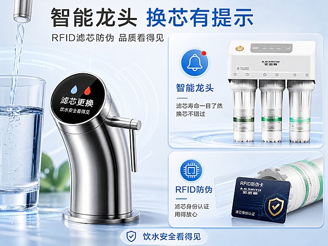 [第3张] 详情页智能龙头防伪页-史密斯净水器智能龙头换芯提示+RFID滤芯防伪技术展示。本张使用【图1】作为商品主体（智能龙头与滤芯特写）。
[氛围/风格] 智能科技风，交互提示可视化，专业可靠质感。
[元素布局] 画面左右分栏：左侧为智能龙头特写，龙头屏幕显示滤芯更换提示（红蓝水滴图标）；右侧为滤芯与RFID防伪卡片：换芯提示（提示图标）、RFID防伪（芯片图标）；净水器龙头、滤芯结构、白色机身与输入产品图完全一致。
[光影质感] 明亮均匀照明，龙头金属质感清晰，屏幕显示细节清晰，整体干净现代。
[配色色系] 全局底色 #F0F6FA 浅蓝白；主色银白龙头；辅助色科技蓝图标、红色提示点缀、深灰文字。
[视角构图] 左右分栏，左龙头提示右防伪说明，阅读动线左龙头 → 右功能。
[文字版式] 版式为左侧龙头特写 + 右侧双功能卡。顶部主标题「智能龙头 换芯有提示」，副标题「RFID滤芯防伪 品质看得见」；右上卡「智能龙头」配提示图标，说明「滤芯寿命一目了然 换芯不错过」；右下卡「RFID防伪」配芯片图标，说明「滤芯身份认证 用得放心」；底部小标签「饮水安全看得见」；卡片用圆角白卡+蓝图标。
[比例分辨率] 4:3横版比例，4K分辨率，文字清晰可辨，高清画质。
[负向提示词] 净水器变形，缺件错件，颜色偏差，水印，文字错乱，产品图模糊，文字过小。