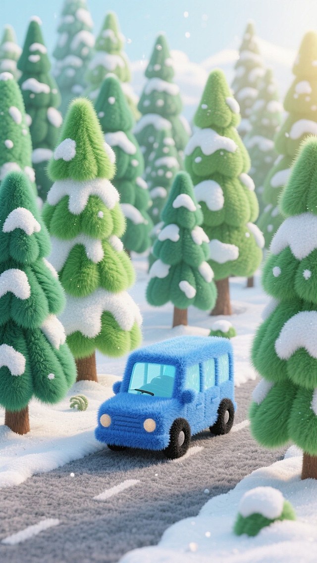 一片冬日森林场景，森林里有大量高大、呈塔形且叶片翠绿的树木，上面铺满厚厚的雪。在森林之中的马路上有一辆车辆缓慢开过