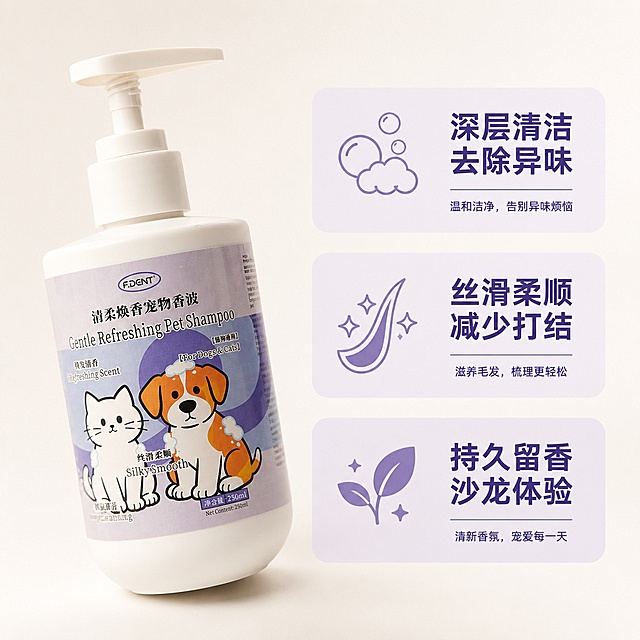F.DENT清柔焕香宠物香波
F.DENT Gentle Refreshing Pet Shampoo

深层清洁｜丝滑柔顺｜持久留香
Deep Cleansing | Silky Smooth | Long-Lasting Scent
猫狗通用
For Dogs & Cats
  
产品功效 Product Efficacy
温和洁净毛发污垢与异味，添加柔顺护理因子，抚平毛躁、减少打结，令毛发蓬松顺滑；高级香氛体系，留香持久，给爱宠沙龙级洗护体验。 
Gently cleanses dirt and odor from pet fur. Enriched with smoothing care factors, it tames frizzy fur, reduces tangling, and leaves the fur fluffy and sleek. Featuring a premium fragrance system with long-lasting scent, it brings a salon-level grooming experience for your beloved pet.

主要成分： 
Key Ingredients
植物提取物、月桂酰硫酸酯钠、椰油酰胺丙基甜菜碱、甘油、水解角蛋白、泛醇、植物香氛、防腐剂（符合国标）
Plant extracts, Sodium Lauroyl Sulfate, Cocamidopropyl Betaine, Glycerin, Hydrolyzed Keratin, Panthenol, Plant Fragrance, Preservatives (Compliant with National Standards)
 
适用对象：
犬猫通用，全年龄段适用
 For Dogs & Cats | All Ages

使用方法 Directions for Use
1. 用温水将爱宠毛发完全打湿 
Wet your pet's fur thoroughly with warm water.
2. 取适量浴液均匀涂抹，轻柔按摩起泡 
Apply an appropriate amount of shampoo and massage gently to create lather.
3. 重点清洁腋下、四肢、尾部等部位 
Focus on cleaning underarms, limbs, tail and other key areas.
4. 用清水彻底冲洗干净，擦干吹干即可
Rinse thoroughly with clean water, then dry the fur completely.「图片1」「图片1」「图片1」「图片1」「图片1」「图片1」