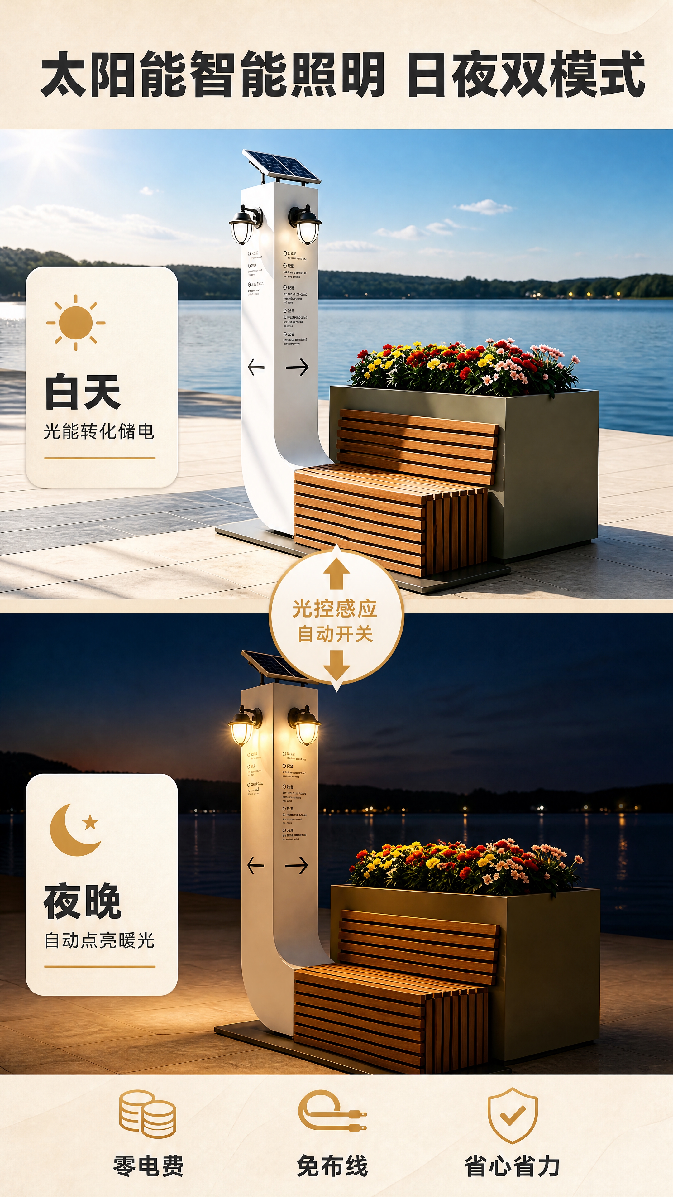 [商品] 使用【图1】太阳能花箱座椅导视牌；保留白色立柱+顶部… - 图片创意预览