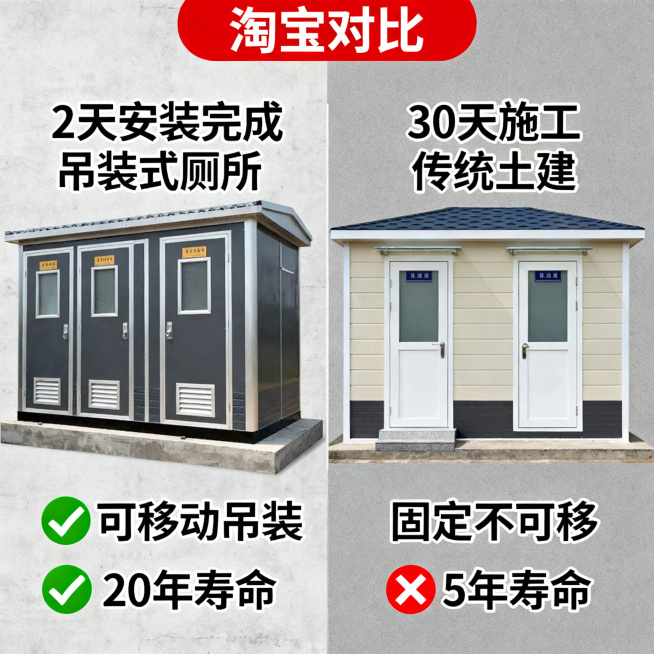 淘宝对比图，镀锌方管吊装式厕所与传统土建厕所对比，左右分栏展示，左侧突出"2天安装完成""可移动吊装""20年寿命"，右侧标注"30天施工""固定不可移""5年寿命"，用绿色对勾和红色叉号区分，直观清预览效果