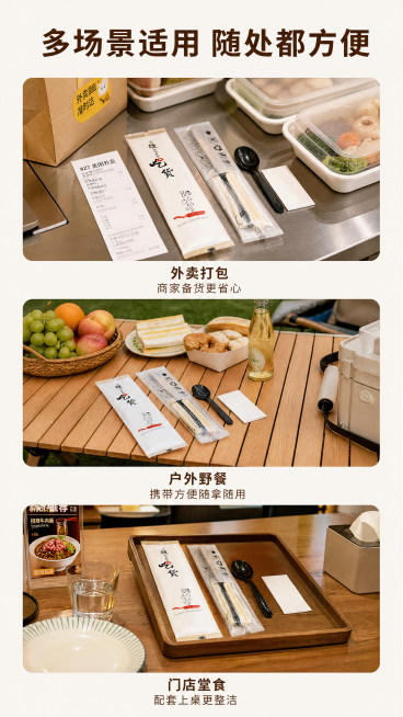 [第5屏] 本屏功能定义：一次性餐具包多适用场景拼图展示，覆盖多场景使用。
[氛围/风格] 生活化真实场景拼贴，温馨自然，贴近日常使用，商业摄影质感。
[元素布局] 画面顶部为主标题区域，下方均匀分布预览效果