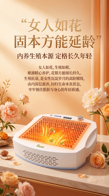 女性生殖抗保养产品海报，主标题“女人如花 固本方能延龄”，副标题“内养生殖本源 定格长久年轻”，正文文案“女人如花，生殖如根。根源精心养护，花期方能绵长持久。生殖抗衰，是女性沉淀岁月的高阶精致，由内深预览效果