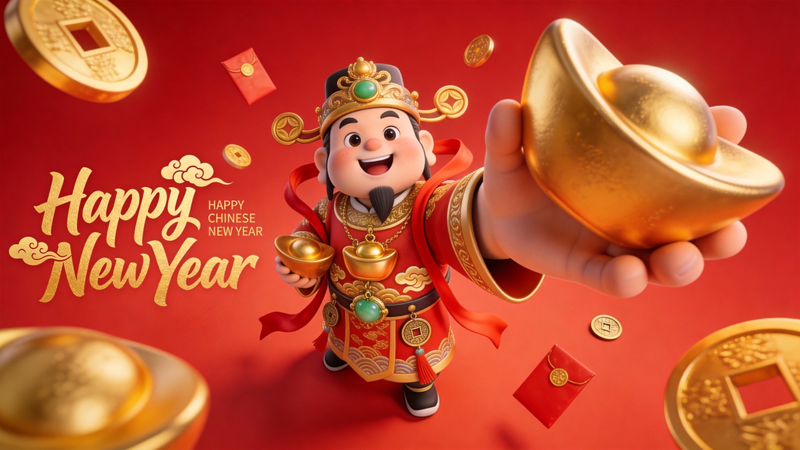 萌系 3D 卡通风格，营造新年喜庆且温馨的视觉氛围。大透视构图，极低的仰视角度，超广角镜头拍摄的人物，呈现财神手与镜头互动，画面以巨大金元宝为主导视觉，主体是卡通拟人化财神，头戴鎏金如意财神帽，身着红预览效果