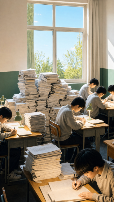 保留教室学生做题、堆满试卷的构图，将夜景改为明亮白天，窗外换成白天晴朗的树木，整体画面明亮清晰，保留人物和试卷的细节预览效果