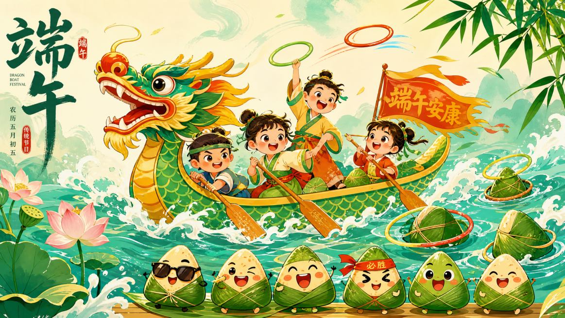 龙舟套圈核心玩法的端午国潮插画，画面中心是动感绿色龙舟，船上孩童穿传统服饰，有的划桨有的高举彩色套圈，水面漂浮粽叶粽子，部分粽子被套圈套住，有套圈飞向目标，底部一排带笑脸的拟人卡通粽子，龙头色彩鲜艳气预览效果