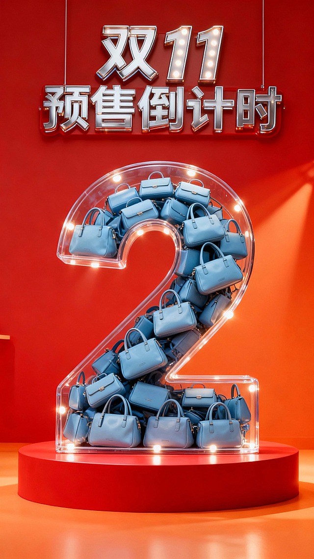 将图中的商品裂变出无数个（商品比例外观一致），通过旋转堆叠的方式填充到“2”数字形状的透明容器中，透明容器被商品填满不留一丝空隙。“2”立在红色展台上，背景是红橙促销氛围，灯光装饰容器，画面上方为金属时尚大字灯牌“双11 预售倒计时”。