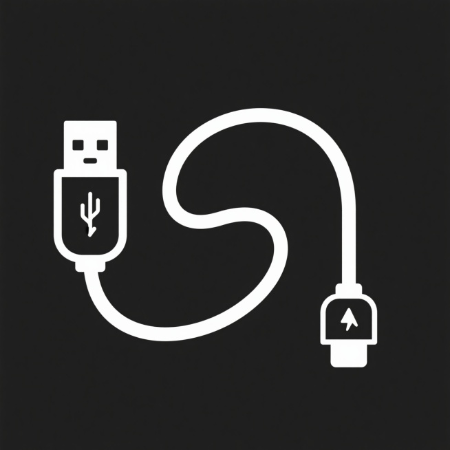 极简风格黑白线条勾勒的充电线图标，USB-A公头与Lightning接口两端清晰对称，中间线缆呈流畅S形曲线，线条粗细均匀一致，无填充色块，背景纯白无杂质，整体造型简洁抽象，符合扁平化图标设计规范，视觉层级明确，信息传达高效。预览效果